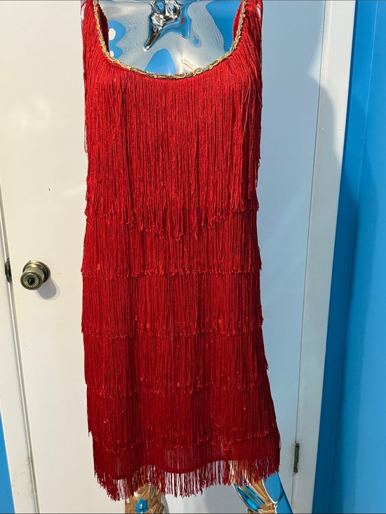 Jerry Beck Dresses & Skirts - 1920’s Inspired Flapper Dress Red Tiered Fringe Midi Dress with Gold Sequin trim